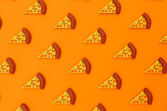 Three dimensional render of pizza slices on orange background