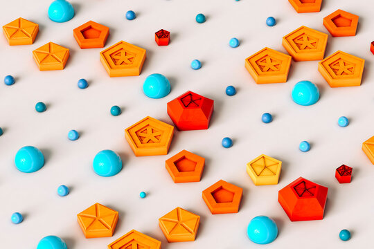 Pattern of colorful pentagons, spheres and hemispheres