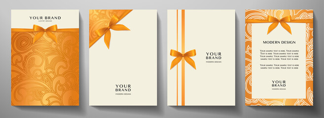Holiday cover, frame design set. Luxury floral pattern (curve) background with orange ribbon (bow). Elegant vector collection template for invitation (invite vip card), greeting or gift card, award
