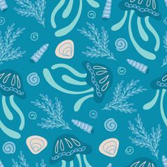 Sea seamless pattern with jellyfish, shell, seaweed on blue background