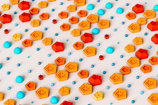 Pattern of colorful pentagons, spheres and hemispheres