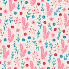 Sea seamless pattern with seaweed, starfish, shell on beige background