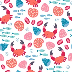 Foto auf Glas Sea seamless pattern with crab, shell, fish on white background © miumi