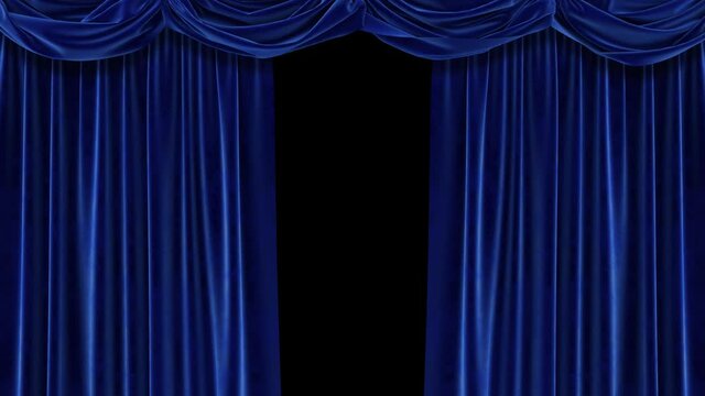 Animation of a blue velvet curtain and a black and white mask to create a transparent background. High-quality 4K animation.