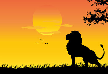 lion standing Against a Sunset illustration, African nature with a wild lion.Black silhouette of a lion, jungle background - obrazy, fototapety, plakaty