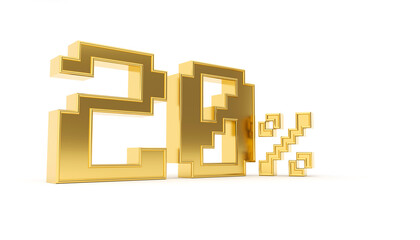 3d rendering illustration gold text "20 percentage" retro 8bit game in 80's style on the white background.