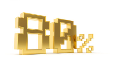 3d rendering illustration gold text "80 percentage" retro 8bit game in 80's style on the white background.