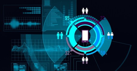 Animation of scope scanning, human models and medical data processing over screen on black