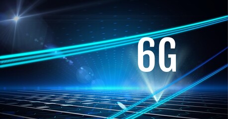 Composition of 6g text over blue light trails and grid on blue background