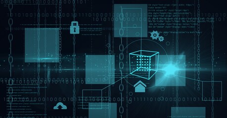 Animation of data processing and binary coding with green squares on black background