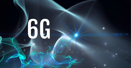 Composition of 6g text over network of blue and green light trails on black background