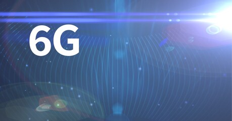 Composition of 6g text over glowing blue light trails on blue background