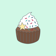 Chocolate cupcake with cream and sugar sprinkles