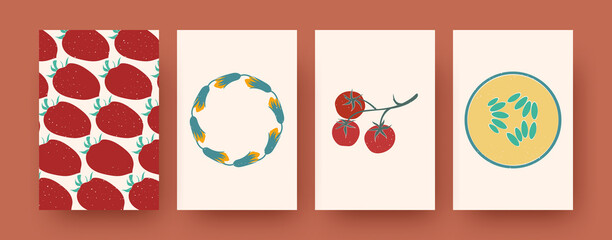 Set of contemporary art postcards with fruit, vegetal patterns. Vector illustration. Collection of natural elements in pastel colors. Nature, vegetable, flower concept for social media design