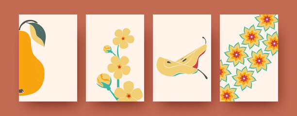 Set of contemporary art posters with pears and flowers. Vector illustration..Colorful collection of natural elements. Nature, fruit, flower concept for social media, postcards, invitation cards