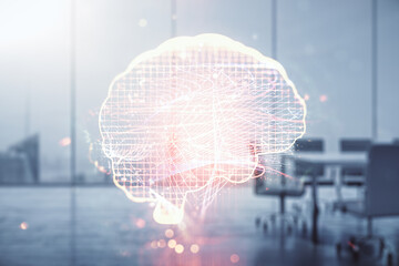 Double exposure of creative human brain microcircuit hologram on a modern boardroom background. Future technology and AI concept