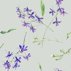 Watercolor seamless pattern of blue forest wild flowers