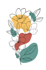 A linear hand-drawn decorative flower and a set of liquid-shaped elements. Modern fashionable, fluid dynamic color spot shape. Vector illustration.