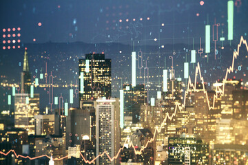 Abstract virtual financial graph hologram on San Francisco cityscape background, financial and trading concept. Multiexposure