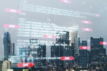 Abstract virtual coding illustration on Los Angeles cityscape background, software development concept. Multiexposure