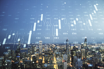 Multi exposure of abstract statistics data hologram interface on Chicago office buildings background, computing and analytics concept