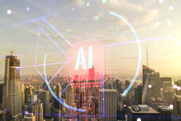 Double exposure of creative artificial Intelligence abbreviation hologram on Manhattan office...