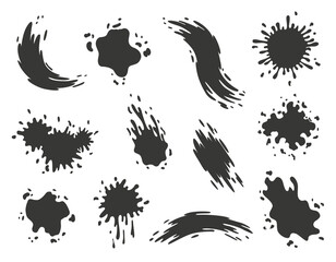 Paint blots. Splashes set for design use. Colorful grunge shapes collection. Dirty stains and silhouettes. Black ink splashes