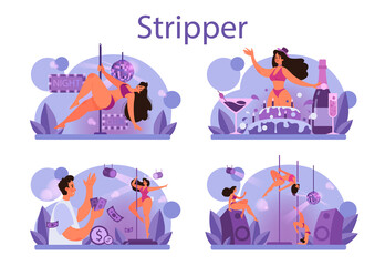Female stripper concept set. Pole dancing woman in club, stripper posing