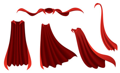 Superhero red cape. Scarlet fabric silk cloak in different position, front and side view. Carnival masquerade dress, 3d realistic costume design. Silk flying capes - obrazy, fototapety, plakaty