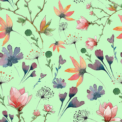 Naklejka na ściany i meble Watercolor flowers on a mint background pattern