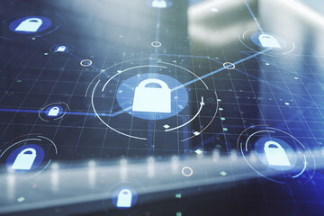 Virtual creative lock illustration with microcircuit on blurry contemporary office building background, cyber security concept. Multiexposure