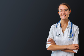 Young smiling woman doctor with crossed arms looking at camera on dark background