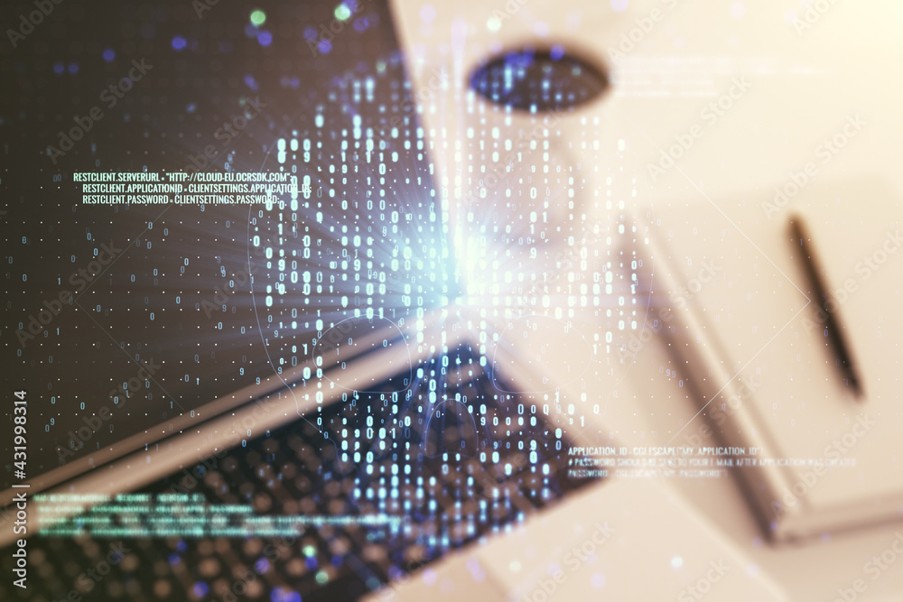 Poster creative code skull sketch on modern laptop background, theft of personal data and malware concept. 
