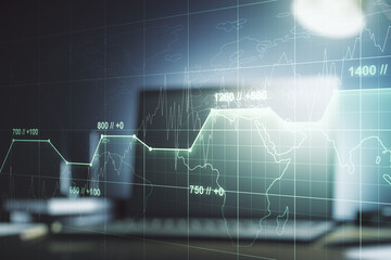 Multi exposure of abstract statistics data hologram interface on computer background, computing and analytics concept