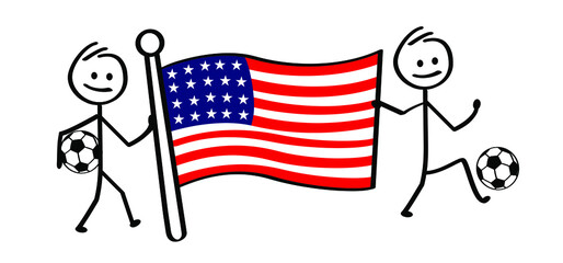 Cartoon stickman with the flag of America and football. Stick figure man with soccer ball. Funny vector sport icon. Sport finale or school game cup. 