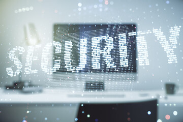 Cyber security creative concept on modern laptop background. Double exposure