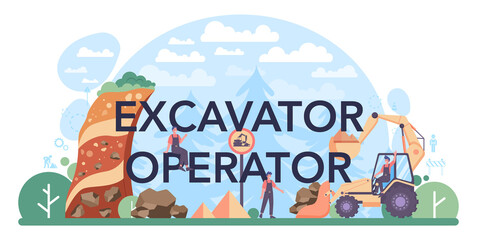 Naklejka premium Excavator operator typographic header. Industrial builder or driver excavating