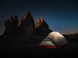 Night Photography of Bivouac in front of the famous Tre Cime - Dolomites - Italy