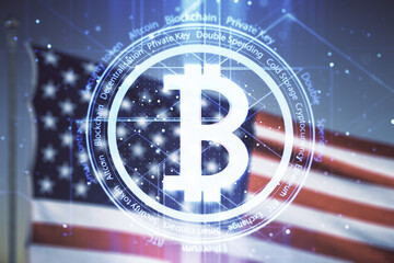Virtual Bitcoin hologram on USA flag and sunset sky background. Multiexposure
