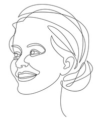 Woman head silhouette in modern one line style. The lady laughs. Continuous line drawing, aesthetic outline for home decor, posters, wall art, stickers, logo. Vector illustrations.