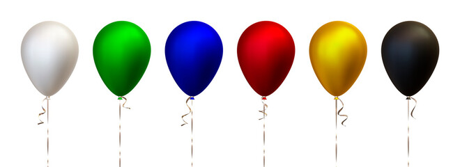 Vector set of six colorful 3d realistic metallic air balloons. White, green, blue, red, yellow, and black. Good for Birthday, anniversary, New Year, graduation event designs.