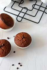 Chocolate muffins in paper forms on a gray background