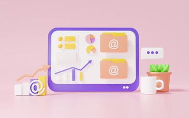 Digital communication electronic letter Optimization web analytics email marketing concept with growth target minimal style floating on pink pastel background Composition , 3D rendering