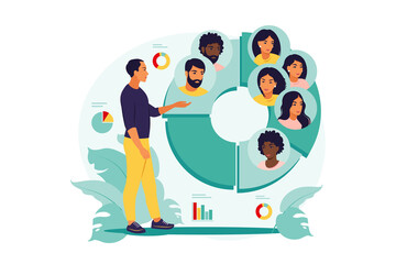 Audience segmentation concept. Man near a large circular chart with images of people. Vector illustration. Flat. - obrazy, fototapety, plakaty