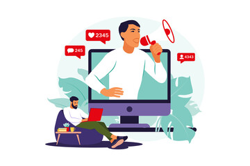 Blogger with loudspeakers announcing news, attracting target audience. Marketing, promotion, communication concept. Vector illustration. Flat.