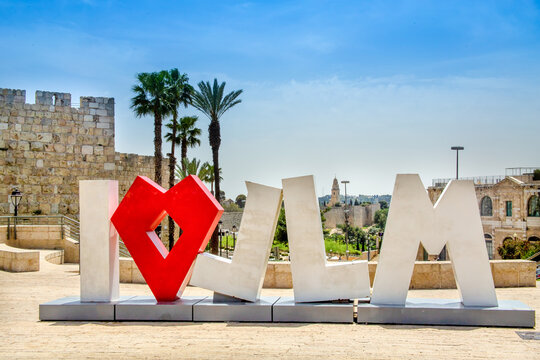 Jerusalem, Israel - 21 April 2021: letters meaning - i love jerusalem - near the walls of the old city