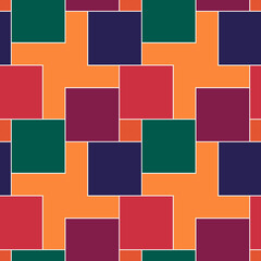 Seamless pattern. Squares, crosses ornament. Checks wallpaper. Repeated color figures background. Mosaic tiles motif. Digital paper, web designing. Square, cross shapes backdrop. Parquet vector.