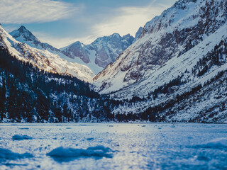 Frozen "Lac de Gaube" in French Pyrenees