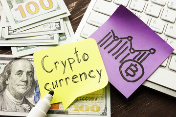 Crypto currency is shown on the conceptual business photo using the text