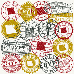 Egypt Set of Stamps. Travel Passport Stamps. Made In Product. Design Seals in Old Style Insignia. Icon Clip Art Vector Collection.
